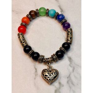 7 Chakra Healing Balance Beaded Stone Bracelet Heart Charm -130